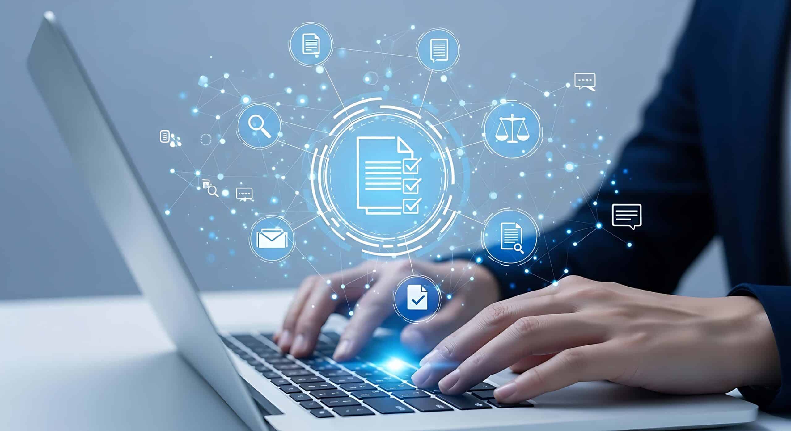 Computer with transparent icons floating above it, symbolizing a tidy neat digital solution