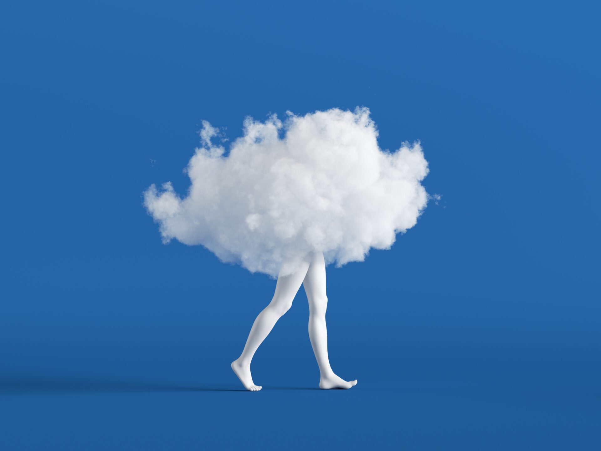 A white WOlke with white legs runs in front of a blue background