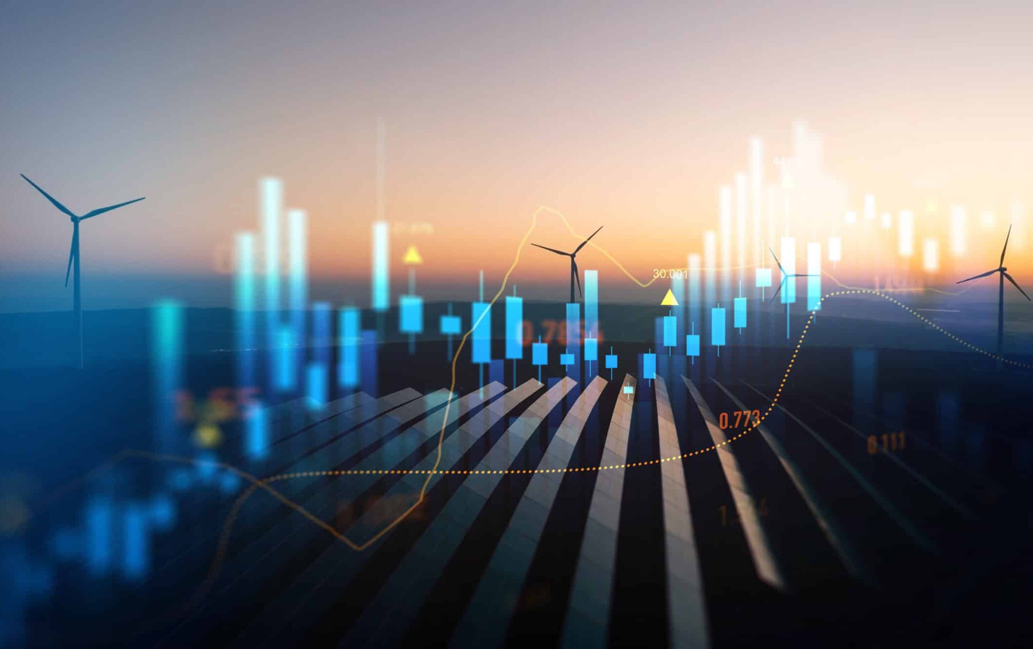 Wind turbines in the background in front of it you can see abstruse light blue stripes - look a bit like data and processes