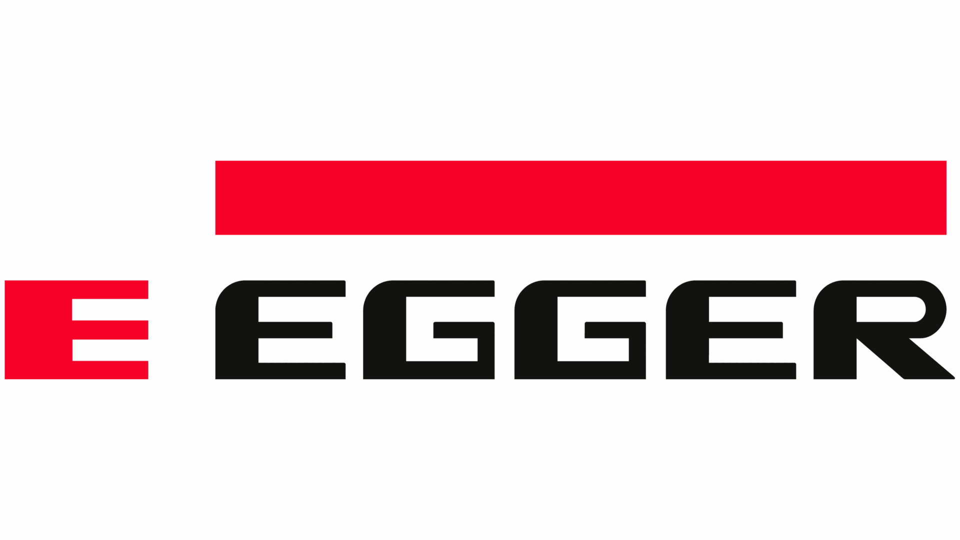 Logo Fritz Egger, Namenszug in schwarzen GRoßbuchstaben, daneben ein rotes E und ein roter Balken als Dach darüber