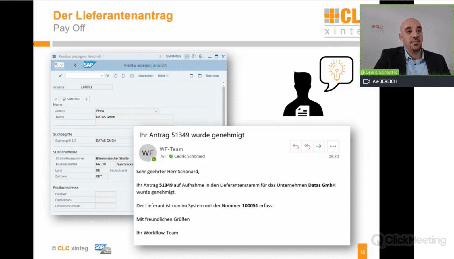 Ein Ausschnitt aus dem Video über das Stammdatenmanagement in SAP. Zeigt eine Präsentationsfolie zu einem Workflow.