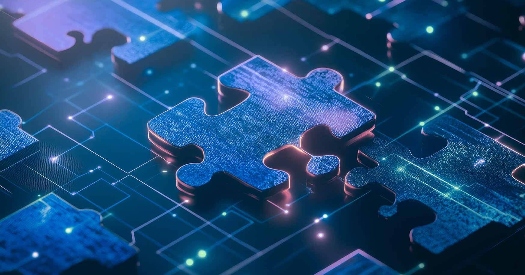 Puzzleteile auf einer elektronischen Platte oder Grafik mit elektronischen Verbindungen