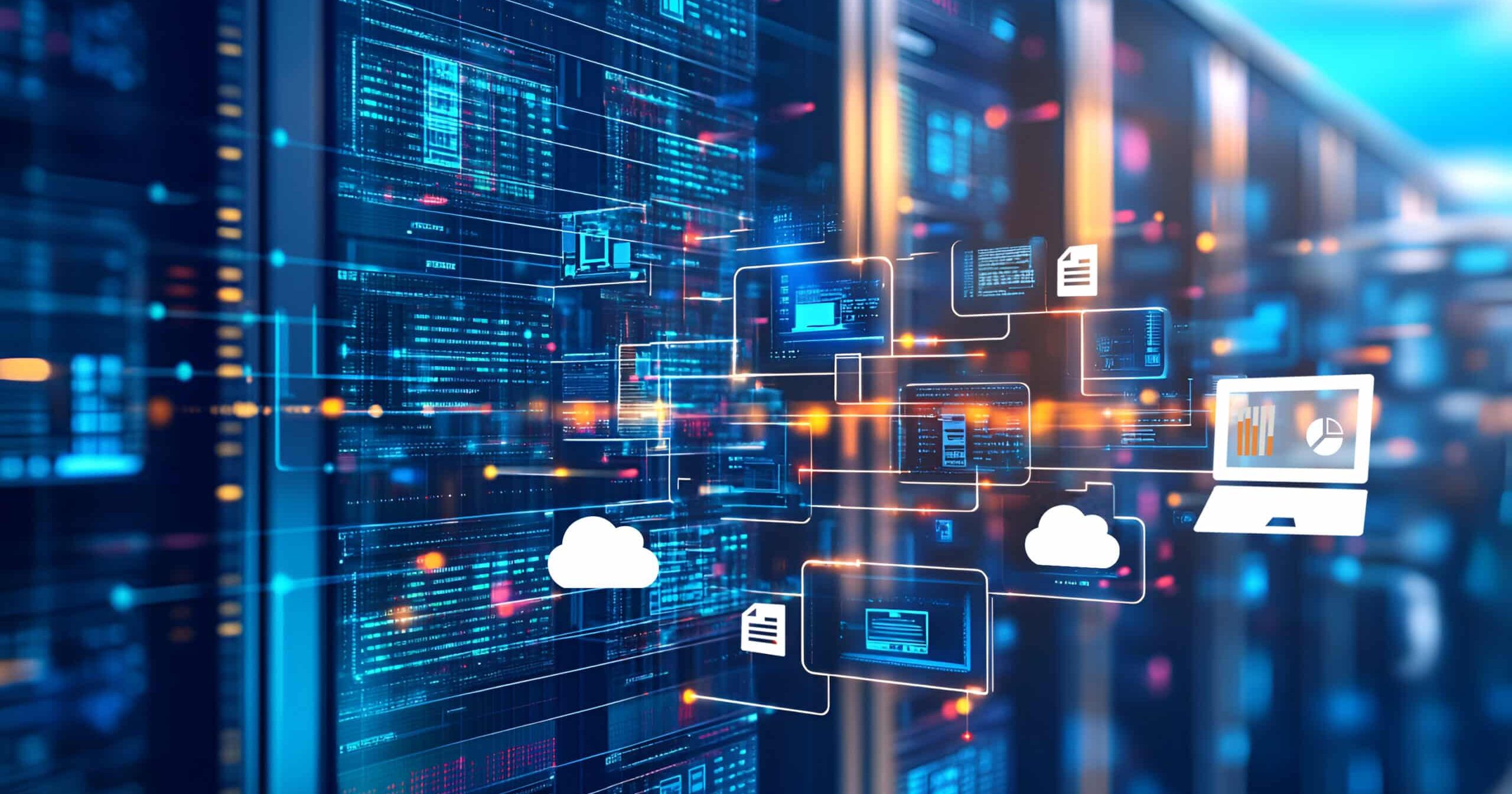 Hier wird ein Digitales Netzwerk Bild gezeigt. Mehrere Symbole stehen Visuell aus der Technik heraus, Cloud-Wolken, Grafik Karten und Dokumente.